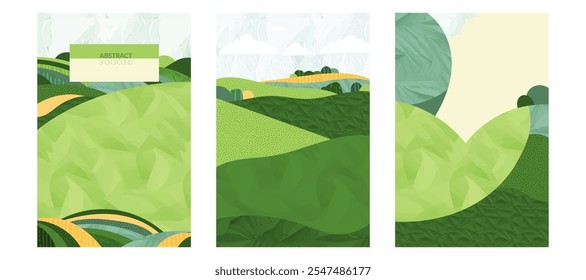 Vintage agriculture design, abstract pattern, flat vector illustration of farm field, green vineyard, rice, wheat, corn, grape, tea, paddy, rural village, nature, eco sustainable spring landscape