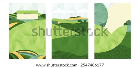 Vintage agriculture design, abstract pattern, flat vector illustration of farm field, green vineyard, rice, wheat, corn, grape, tea, paddy, rural village, nature, eco sustainable spring landscape