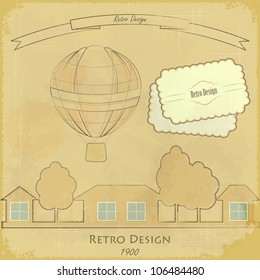 Vintage Air Balloon aerostat and houses Retro card - hot air balloon flying over village - Vector Illustration