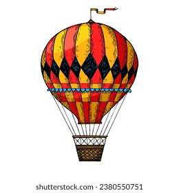 Vintage air balloon engraving sketch style hand drawn color vector illustration. Scratch board style imitation. Hand drawn image.