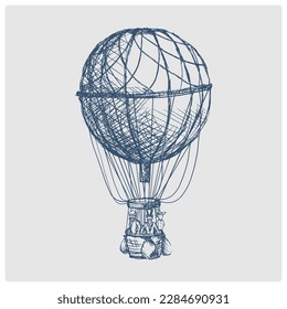 Vintage air balloon sketch obsolete blue style vector illustration  Old hand drawn azure engraving imitation 