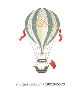 Vintage air balloon with striped gasbag and gondola, flat vector illustration isolated on white background. Air balloon sign or symbol of romantic air adventure.