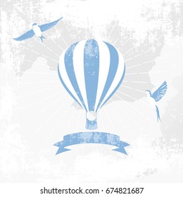 Vintage air balloon with swallows and ribbon vector illustration grunge texture