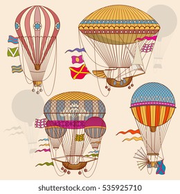 Vintage air balloon vector set. Striped air balloon with basket, flight transportation cartoon balloon illustration.