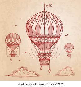 Vintage air balloons  Retro engraving air balloons in the clouds  Vector illustration 