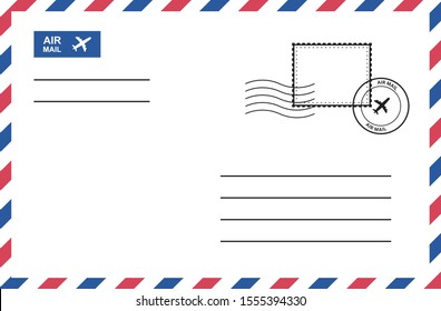 Sobre de correo aéreo con sello postal, tarjeta postal. Diseño gráfico vectorial.