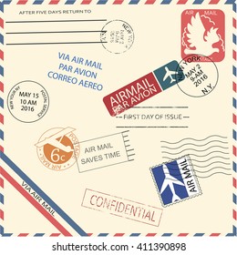 Vintage air mail envelope with stamps, marks and postal elements. Cool vector illustrator. Retro or vintage mail. 