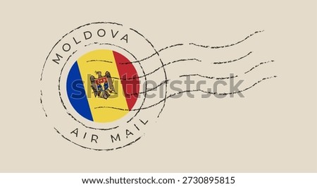 Vintage air mail postmark featuring the national flag of Moldova, a distressed vector stamp for travel correspondence..