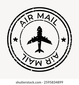 Vintage air mail stamp design featuring a silhouette of an airplane. Circular air mail stamp with airplane icon. Classic air mail theme with stars. Vintage vector illustration. 