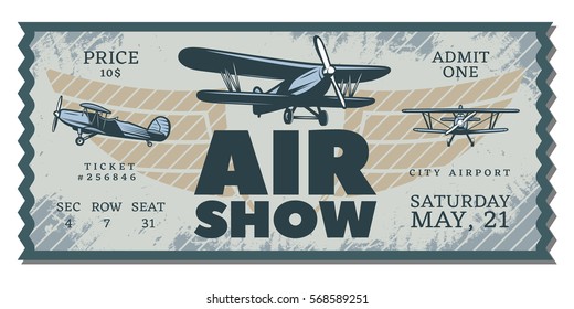 Vintage air show pass ticket with flying airplanes in grunge style vector illustration