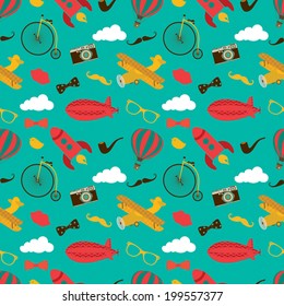 Vintage Air Vehicles Seamless Background Pattern with Retro Air Plane, Aerostat and Air Balloons, Hipster Design Elements Vector Illustration.