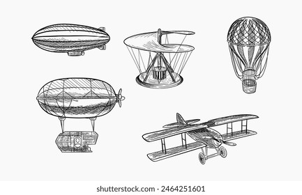 Aviones Antiguas transportan la Ilustración vectorial de estilo boceto. Vieja imitación de grabado. Imitación de boceto dibujado a mano de transporte aéreo