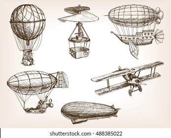 Vintage aircrafts transport sketch style vector illustration. Old engraving imitation. Air transport hand drawn sketch imitation