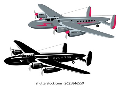 Avião Vintage. Aeronaves civis de passageiros retrô. Clipart de vetor de cor e silhueta.