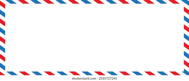 Marco del sobre del correo aéreo de Antiguas. Vacío en blanco. Postal de correo aéreo retro con rayas diagonales azules y rojas. Ilustración vectorial