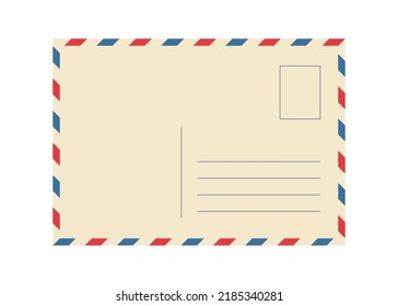 Vintage Airmail Postcard Back Template With Diagonal Blue And Red Stripe. Travel Post Card Blank Backside. Air Mail Envelope Frame With Postage Place. Vector Illustration Isolated On White