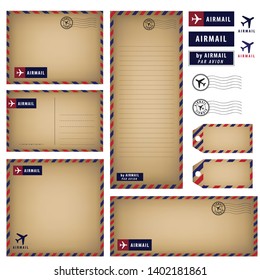 Vintage airmail stationery template set vector old brown paper, letter, envelope, postcard, tag, scrapbook isolated on white background