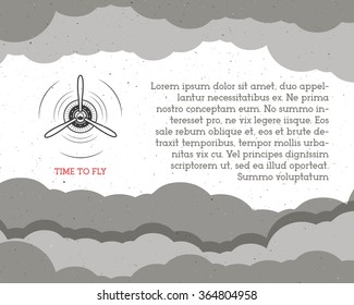 Vintage Airplane background with sky. Propeller emblem. Biplane label. Retro Plane wallpaper, design elements. Old prints for t shirt. Aviation brochure, flyer. Travel motivational poster. 
