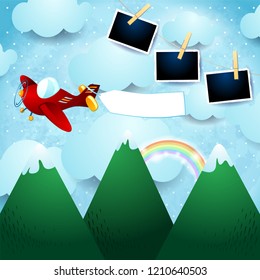 Vintage airplane, banner and photo frames over the mountains. Vector illustration eps10