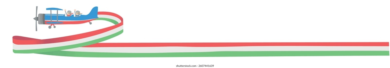 vintage airplane with a couple on board, with the horizontal italian and mexican flag.vector illustration