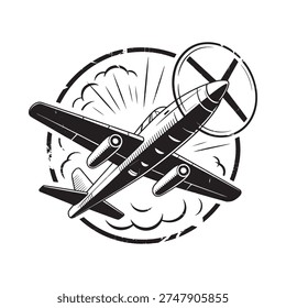 Vintage airplane design with propeller and cloud like burst elements