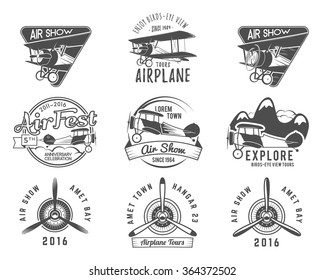 Vintage airplane emblems. Biplane labels. Retro Plane badges, plane design elements. Aviation stamps collection Aerial logo and logotype. Fly stamps isolate, pilot academy symbols Vector Jet elements.