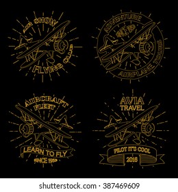 Vintage airplane emblems. Biplane labels. Retro  badges, design elements. Aviation stamps collection Aerial logo and logotype. Fly stamps isolate, pilot academy symbols Vector Jet elements.