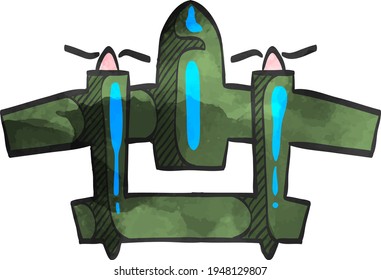 Vintage airplane icon in color drawing. Double propeller bomber world war