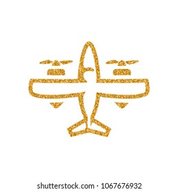 Vintage airplane icon in gold glitter texture. Sparkle luxury style vector illustration.