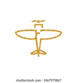 Vintage Airplane icon in gold glitter texture. Sparkle luxury style vector illustration.