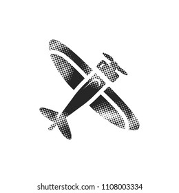 Vintage airplane icon in halftone style. Black and white monochrome vector illustration.