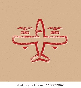 Vintage airplane icon in halftone style. Grunge background vector illustration.