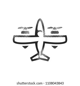 Vintage airplane icon in halftone style. Black and white monochrome vector illustration.