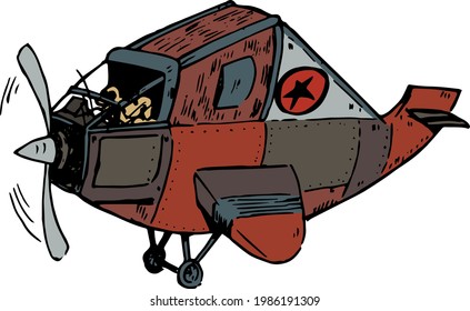 Vintage airplane ink illustration. Aircraft vector drawing. Colorful plane artwork. Transporation travel flight theme. Monochrome texture style.  