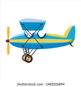 Vintage airplane monoplane cartoon retro blue colour. Vector isolated cartoon style