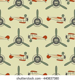 Vintage Airplane Pattern. With Old Biplanes, Propeller Elements And Symbols. Aircraft Seamless Background. Retro Colors Wallpaper. Aviation Style. Vector. For Web Projects, Textile Print, Tee Design.