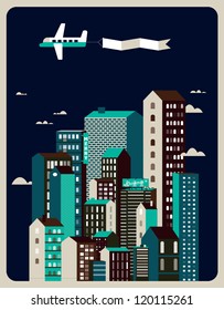 vintage airplane in the sky vector/ building illustration/ cityscape background/