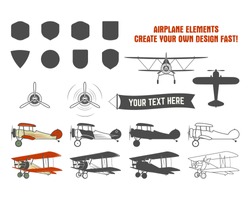 Vintage Airplane Symbols. Biplane Vector Graphic Labels. Retro Plane Badges, Design Elements. Aviation Stamps Collection. Fly Propeller, Old Icon, Shield Isolated On White Background.