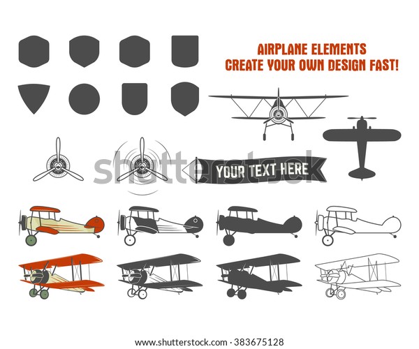 Vintage\
airplane symbols. Biplane vector graphic labels. Retro Plane\
badges, design elements. Aviation stamps collection. Fly propeller,\
old icon, shield isolated on white\
background.