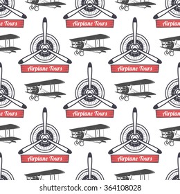 Vintage airplane tour pattern. Biplane propellers seamless background with ribbon, biplanes. Retro Plane wallpaper and design elements. Aviation style. Fly propeller, old icon, isolated. Vector