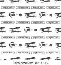 Vintage airplane tour pattern. Old Biplanes seamless background with ribbon. Retro Plane wallpaper and design elements. Aviation style. Fly propeller, old icon, isolated. Vector monochrome