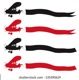 Vintage airplane towing banner. Vector silhouettes set