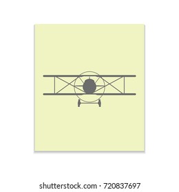 Vintage airplane Vector black icon on color sticker. Material design