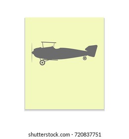 Vintage airplane Vector black icon on color sticker. Material design