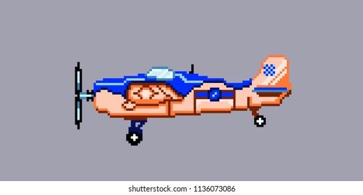 Vintage airplane.Pixel art. Vector Illustration isolated on  background.