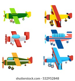 Vintage airplanes cartoon models. Retro motor aircraft with propeller icon. Colorful monoplane and biplane planes vector illustrations isolated on white background.