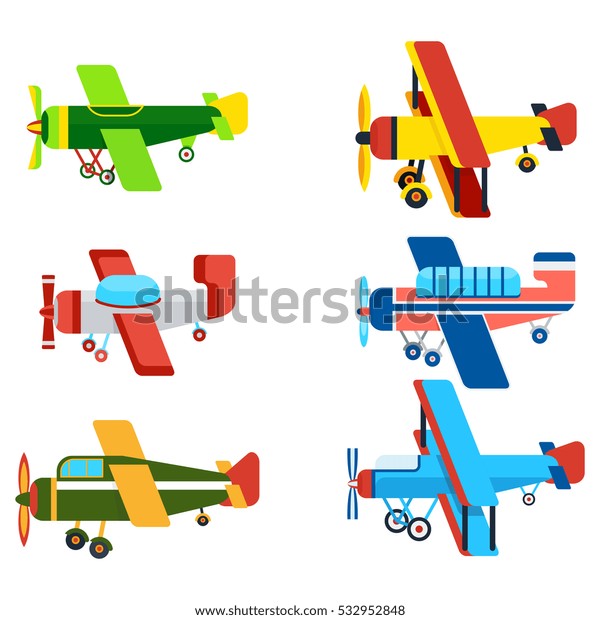 Vintage airplanes cartoon models.\
Retro motor aircraft with propeller icon. Colorful monoplane and\
biplane planes vector illustrations isolated on white\
background.