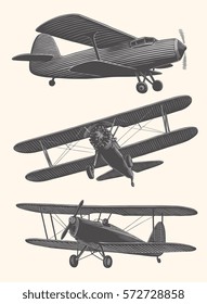 Vintage Airplanes. Design set. Hand drawn engraving. Vector vintage illustration. Isolated on color background. 8 EPS