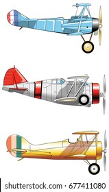Vintage Airplanes. Design set. Old fashion blue red yellow army aircraft. Vector vintage illustration flying machine.