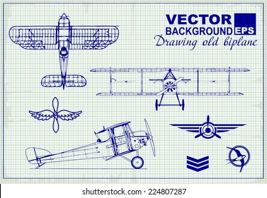 Vintage airplanes drawing on graph paper and design elements , badges and logo patches on the theme aviation